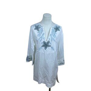 Softsurroundings White Embroidered Womens Tunic with Beaded Accents Sz Mp - New